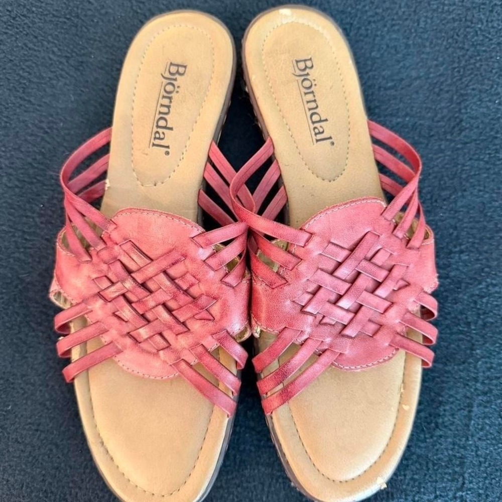 Bjorndal Melisa Women's Red Leather Braided Strap Slide on Sandals Size‎ 8